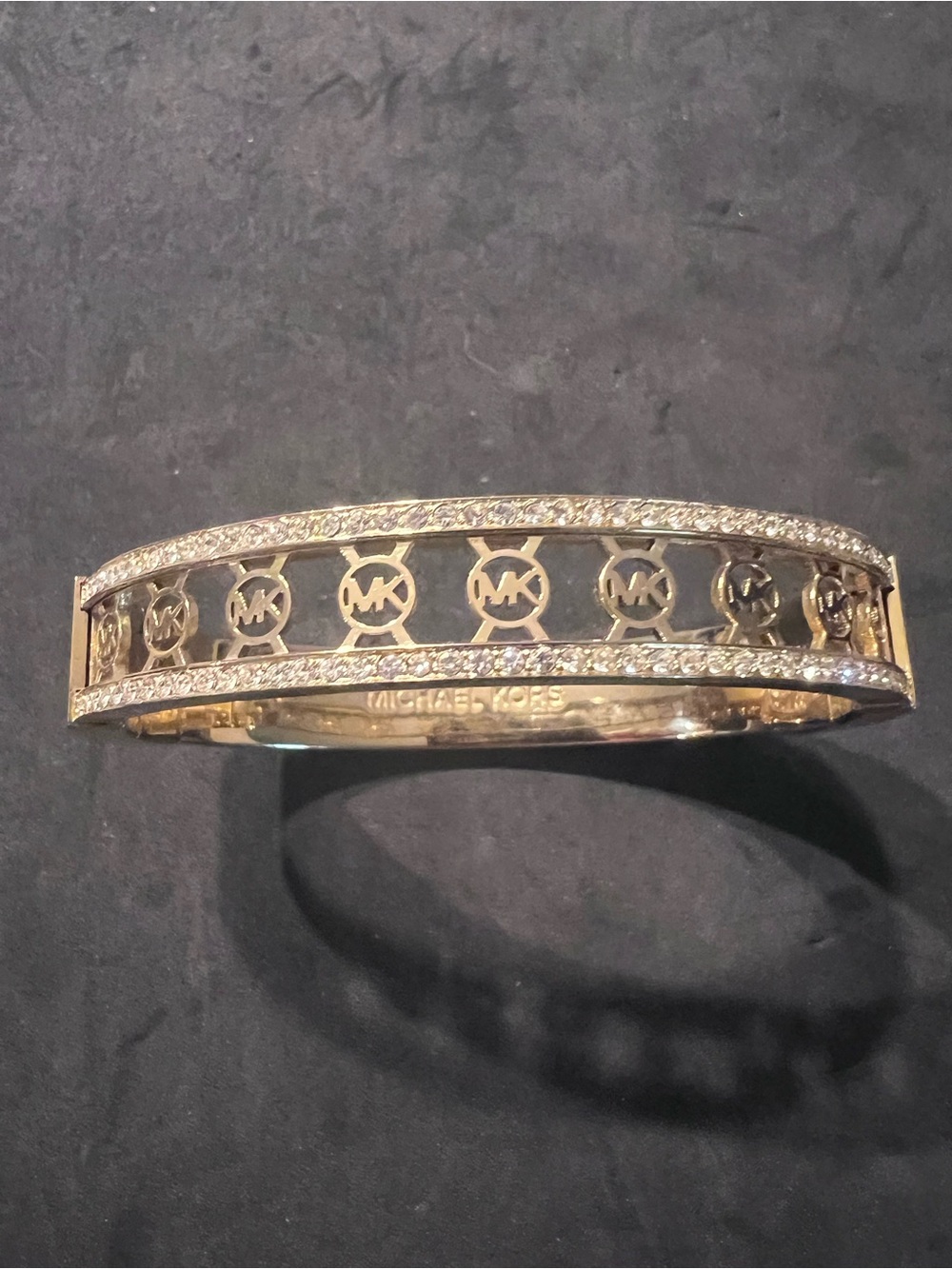 Michael Kors Gold Crystal-Trim MK Logo Openwork Bangle